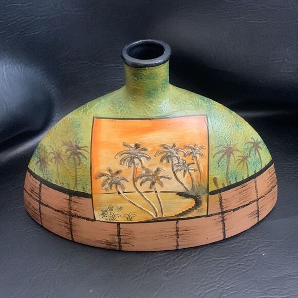 PalmTree Ceramic Vase Hand painted Gold Flaked Green Brown 13 X 8 1/2 Inch Tall - Picture 3 of 7